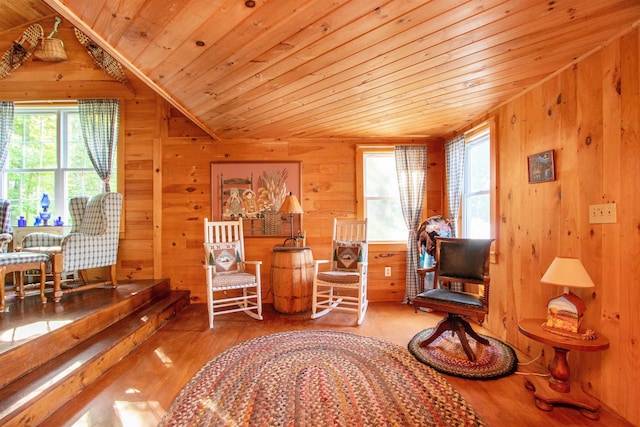 491 The Ln, Peacham, VT 05862 - sitting room featuring wooden ceiling, wood walls, wood finished floors, and lofted ceiling