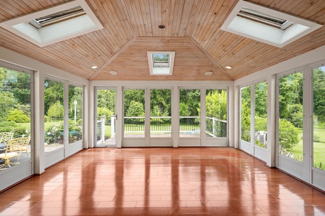 90 Giles Rd, East Kingston, NH 03827 - unfurnished sunroom featuring a skylight, lofted ceiling, french doors, and wood ceiling