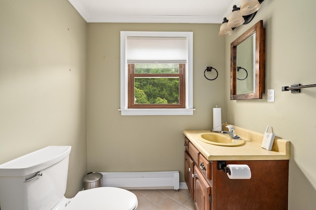 90 Giles Rd, East Kingston, NH 03827 - bathroom with baseboard heating, vanity, crown molding, and tile patterned floors
