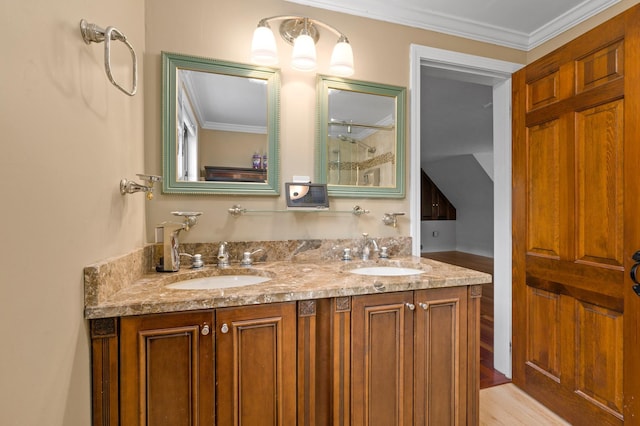 90 Giles Rd, East Kingston, NH 03827 - bathroom with double vanity and crown molding