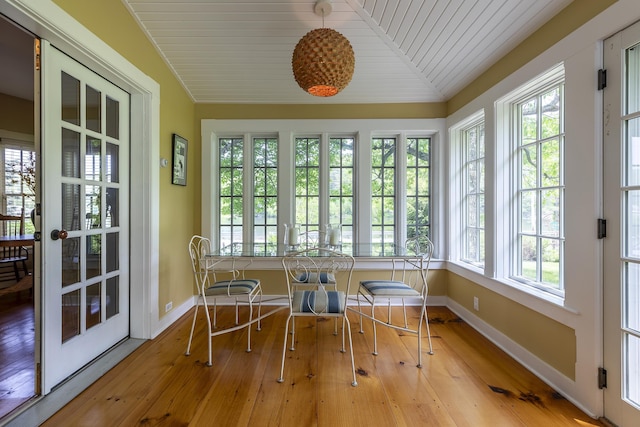 331 Rte 100 N, Plymouth, VT 05056 - sunroom with french doors, wood ceiling, lofted ceiling, and hardwood / wood-style flooring