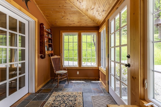 331 Rte 100 N, Plymouth, VT 05056 - sunroom with wood ceiling, vaulted ceiling, french doors, and stone finish floors