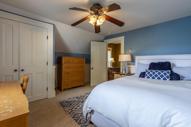 331 Rte 100 N, Plymouth, VT 05056 - bedroom with light carpet, lofted ceiling, and ceiling fan