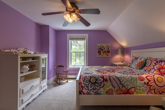 331 Rte 100 N, Plymouth, VT 05056 - carpeted bedroom with vaulted ceiling and a ceiling fan
