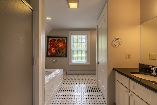 331 Rte 100 N, Plymouth, VT 05056 - full bath featuring vanity, a baseboard heating unit, a garden tub, vaulted ceiling, and a shower with door