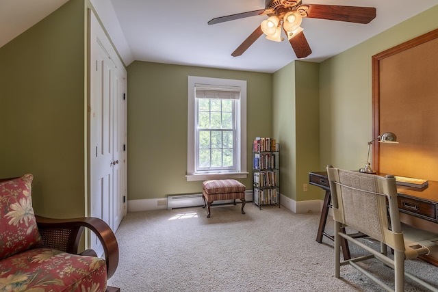 331 Rte 100 N, Plymouth, VT 05056 - home office with light colored carpet, a ceiling fan, vaulted ceiling, and a baseboard radiator