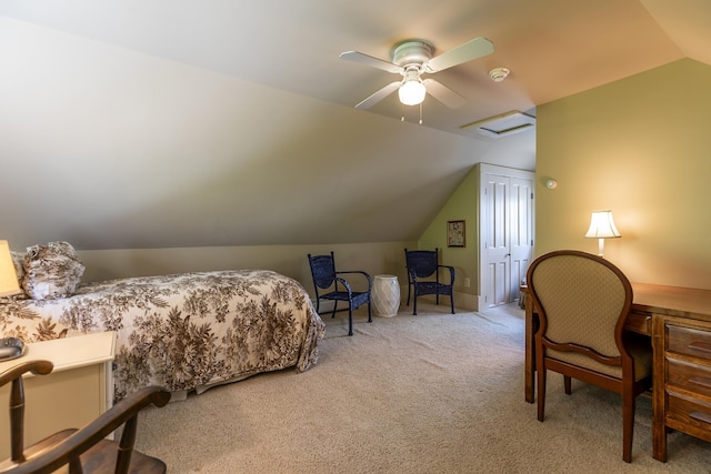 331 Rte 100 N, Plymouth, VT 05056 - carpeted bedroom with vaulted ceiling and ceiling fan