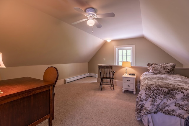 331 Rte 100 N, Plymouth, VT 05056 - carpeted bedroom with a baseboard radiator, lofted ceiling, and a ceiling fan