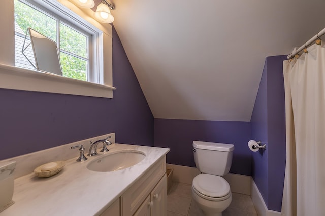 331 Rte 100 N, Plymouth, VT 05056 - bathroom with vanity, vaulted ceiling, tile patterned flooring, and a shower with shower curtain