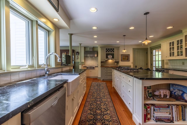 331 Rte 100 N, Plymouth, VT 05056 - kitchen with open shelves, stainless steel appliances, decorative backsplash, recessed lighting, and wood finished floors