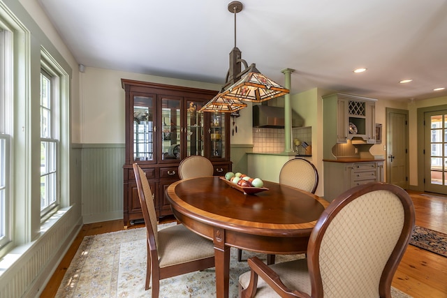 331 Rte 100 N, Plymouth, VT 05056 - dining room with a wainscoted wall, light wood-style floors, and recessed lighting