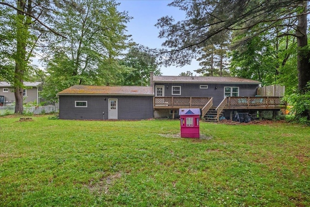 155 Woodcrest Cir, Milton, VT 05468 - rear view of property featuring a wooden deck, a chimney, and an outdoor structure