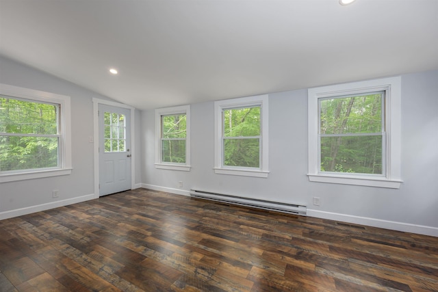 222 Daniel Webster Hwy, Boscawen, NH 03303 - empty room with baseboard heating, lofted ceiling, dark wood-style flooring, and recessed lighting