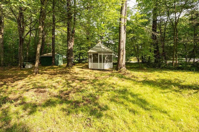 222 Daniel Webster Hwy, Boscawen, NH 03303 - view of green lawn featuring a sunroom, a storage shed, and a view of trees