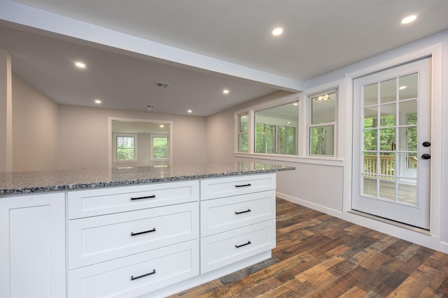 222 Daniel Webster Hwy, Boscawen, NH 03303 - kitchen with stone countertops, dark wood-style flooring, white cabinets, and recessed lighting