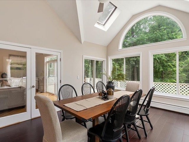 71 Marblehead Rd, Windham, NH 03087 - dining space featuring french doors, a skylight, high vaulted ceiling, dark wood-type flooring, and baseboard heating