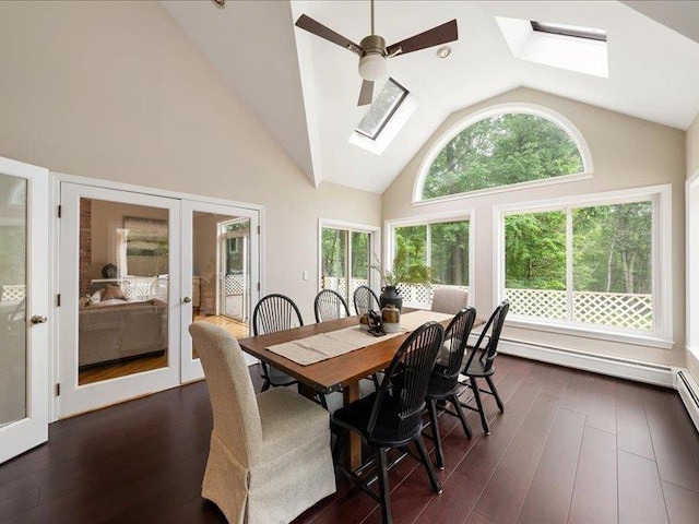 71 Marblehead Rd, Windham, NH 03087 - dining space with a skylight, french doors, ceiling fan, dark wood-style flooring, and high vaulted ceiling