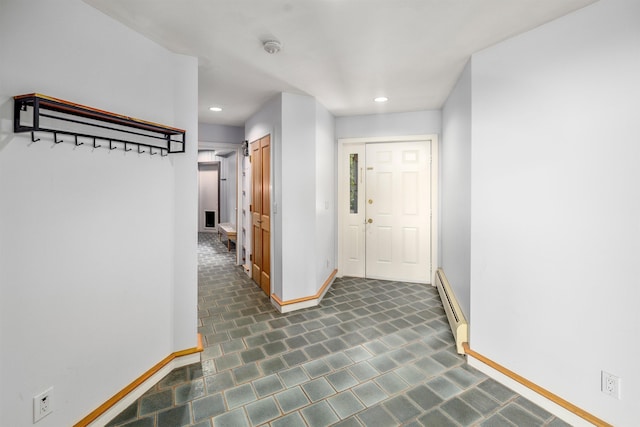 650 Perry Lea Rd, Waterbury, VT 05676 - hall with baseboard heating, recessed lighting, and dark tile patterned floors