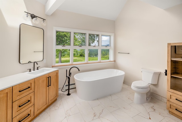 650 Perry Lea Rd, Waterbury, VT 05676 - full bathroom with vanity, marble look tiles, a freestanding tub, and baseboard heating