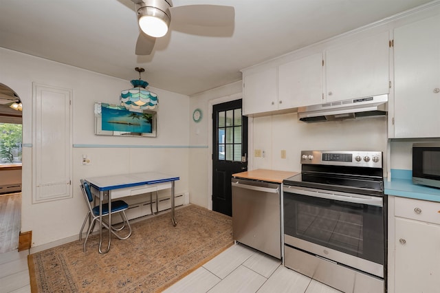 10 Eastern Ave, Rochester, NH 03867 - kitchen featuring stainless steel appliances, under cabinet range hood, white cabinetry, and ceiling fan