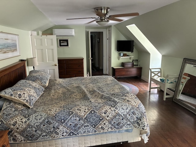 649 Court St, Keene, NH 03431 - bedroom with a wall mounted AC, vaulted ceiling, dark wood-style floors, a skylight, and a ceiling fan