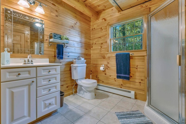 67 Cardinal Ln, Smithfield, ME 04978 - full bath with a baseboard radiator, wood walls, vanity, a shower stall, and tile patterned flooring