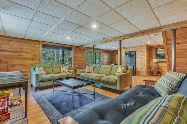 67 Cardinal Ln, Smithfield, ME 04978 - living area featuring wooden walls, wood finished floors, a paneled ceiling, and recessed lighting