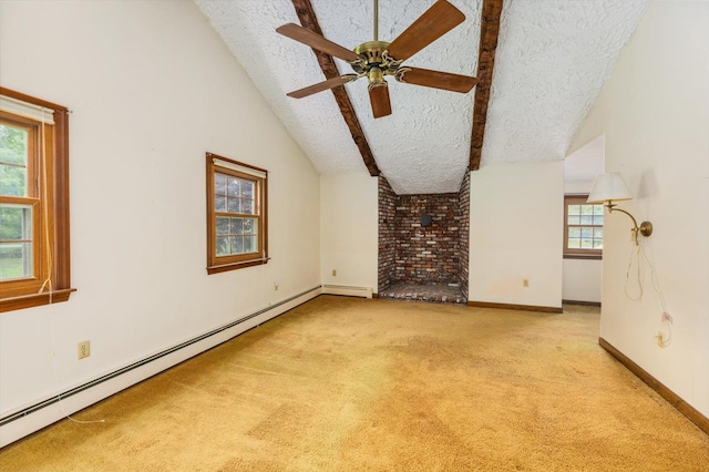 240 Middle Winchendon Rd, Rindge, NH 03461 - unfurnished living room with a textured ceiling, a baseboard heating unit, carpet, ceiling fan, and lofted ceiling