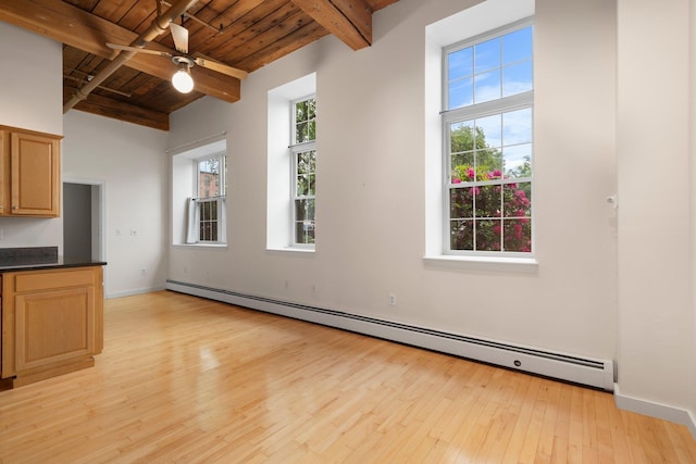 156 Front St Unit 103, Exeter, NH 03833 - unfurnished living room with baseboard heating, a wooden ceiling with exposed beams, light wood finished floors, and a ceiling fan