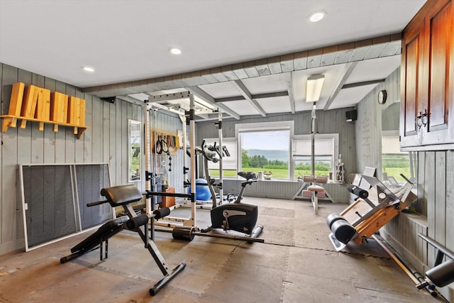 235 Dartmouth College Hwy, Haverhill, NH 03765 - workout area featuring recessed lighting, wooden walls, and beamed ceiling