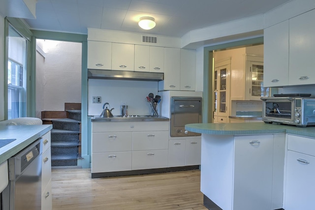 45 School St, Keene, NH 03431 - kitchen with dishwasher, under cabinet range hood, white cabinets, and light wood-style flooring