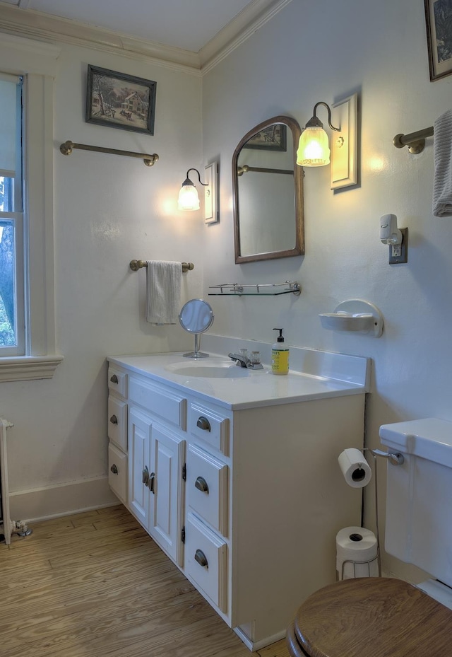 45 School St, Keene, NH 03431 - half bathroom with vanity, crown molding, wood finished floors, and radiator heating unit