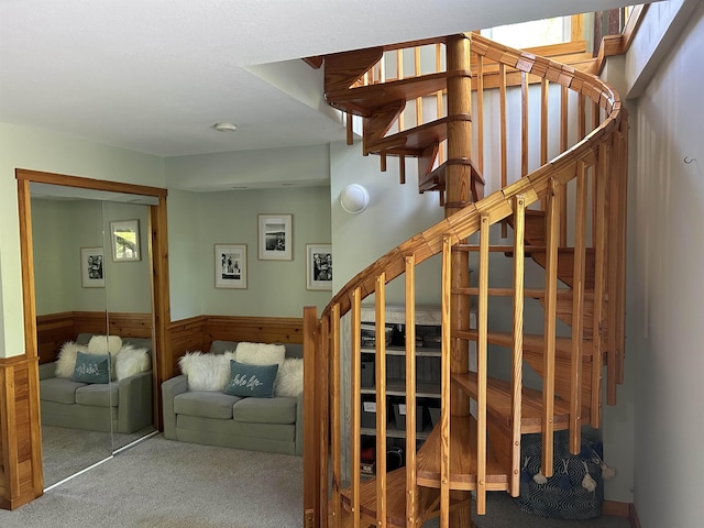 26 Island Dr, Madison, NH 03849 - staircase with carpet floors and a wainscoted wall