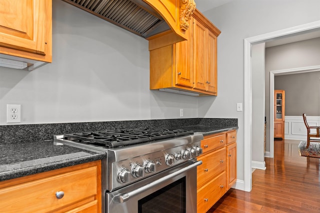 9 Hubbard Rd, Amherst, NH 03031 - kitchen featuring high end range, custom exhaust hood, dark wood-style flooring, and dark stone countertops