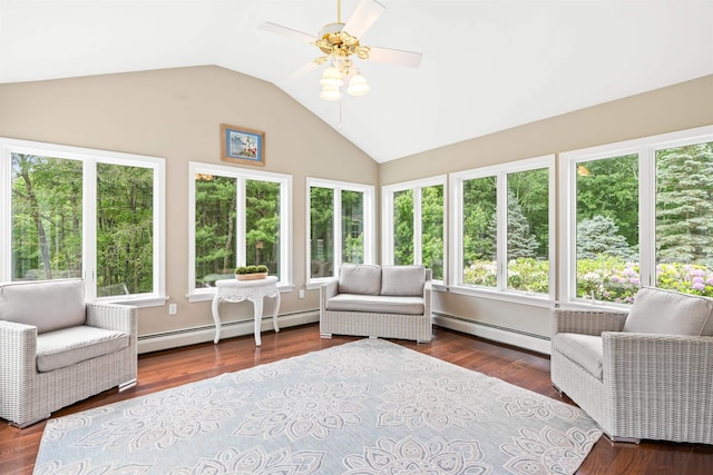 9 Hubbard Rd, Amherst, NH 03031 - sunroom featuring a baseboard heating unit, a wooden deck, lofted ceiling, and wood finished floors