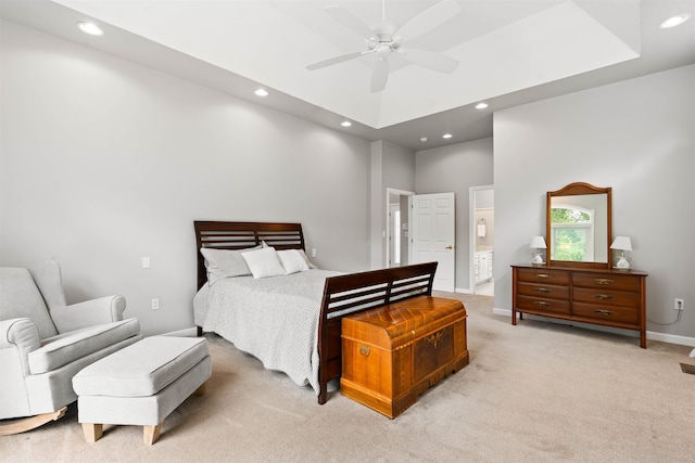 9 Hubbard Rd, Amherst, NH 03031 - bedroom with recessed lighting, a high ceiling, light colored carpet, ensuite bathroom, and a ceiling fan