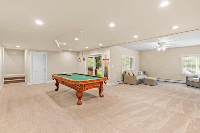 9 Hubbard Rd, Amherst, NH 03031 - game room with light colored carpet, pool table, recessed lighting, a baseboard radiator, and ceiling fan