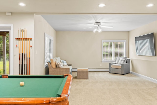 9 Hubbard Rd, Amherst, NH 03031 - rec room featuring carpet floors, plenty of natural light, recessed lighting, billiards, and a baseboard heating unit
