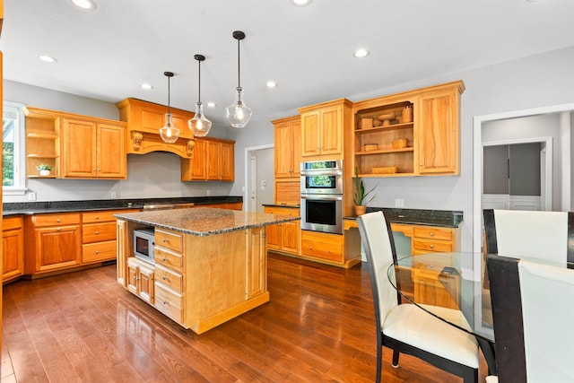 9 Hubbard Rd, Amherst, NH 03031 - kitchen with open shelves, appliances with stainless steel finishes, recessed lighting, a center island, and dark wood-type flooring