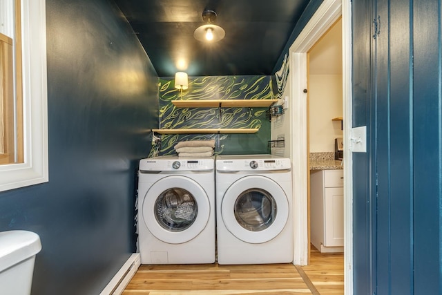 53 Broad Cove Dr, Concord, NH 03303 - washroom with washer and dryer, light wood-style flooring, wallpapered walls, and a baseboard radiator