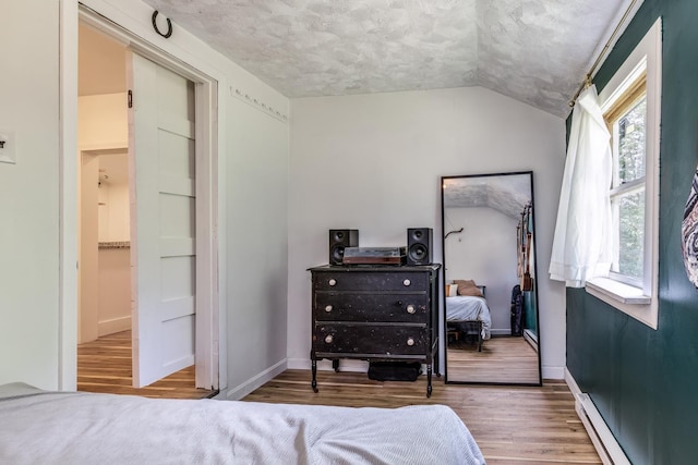 53 Broad Cove Dr, Concord, NH 03303 - bedroom featuring wood finished floors, lofted ceiling, a textured ceiling, and baseboard heating
