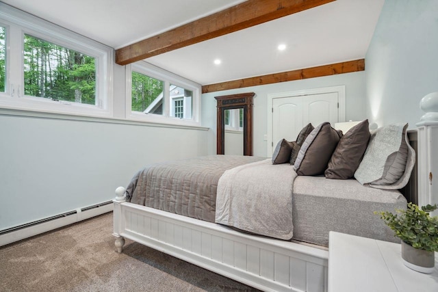 10 Lawrence Ln, Hollis, NH 03049 - carpeted bedroom with beamed ceiling, a baseboard heating unit, and recessed lighting