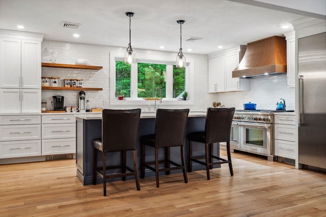 10 Lawrence Ln, Hollis, NH 03049 - kitchen featuring custom range hood, high end appliances, a kitchen island, decorative backsplash, and white cabinetry