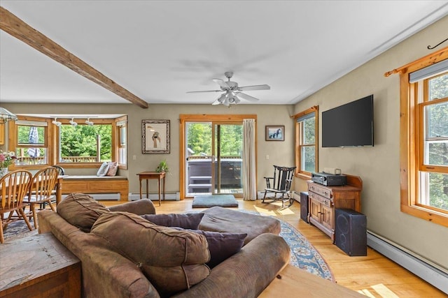 429 Polhemus Rd, Cambridge, VT 05464 - living area with baseboard heating, plenty of natural light, light wood-type flooring, and beam ceiling