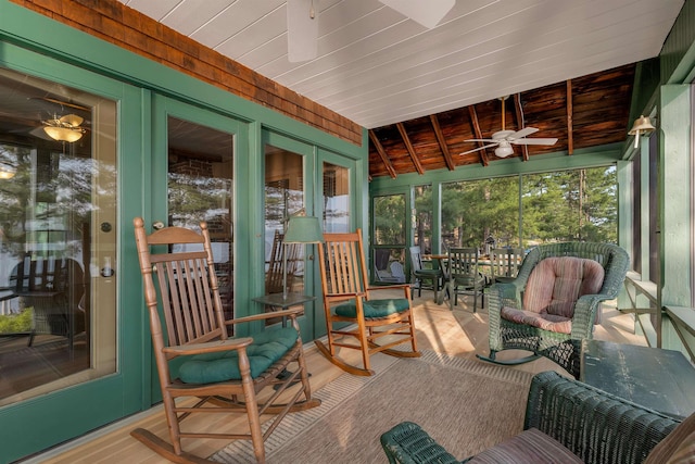 310 Bear Is, Meredith, NH 03253 - sunroom / solarium with ceiling fan, outdoor dining area, french doors, and beamed ceiling