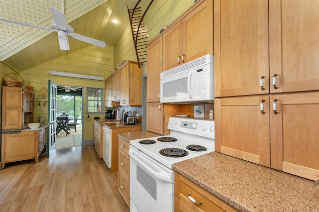 310 Bear Is, Meredith, NH 03253 - kitchen featuring white appliances, ceiling fan, light wood-type flooring, wood ceiling, and vaulted ceiling