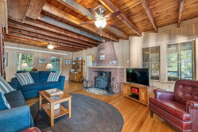 310 Bear Is, Meredith, NH 03253 - living room with a wood stove, a ceiling fan, a wood ceiling with exposed beams, wood-type flooring, and wood walls