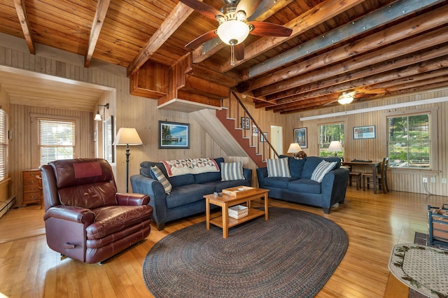 310 Bear Is, Meredith, NH 03253 - living area featuring ceiling fan, hardwood / wood-style flooring, wooden walls, healthy amount of natural light, and a wood ceiling with exposed beams