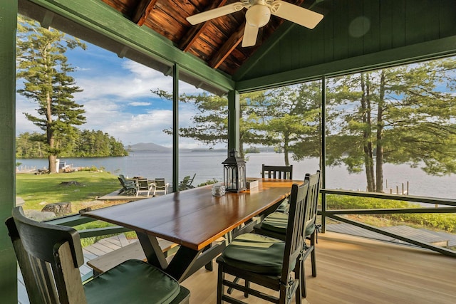 310 Bear Is, Meredith, NH 03253 - sunroom / solarium with a water view, a ceiling fan, and outdoor dining area