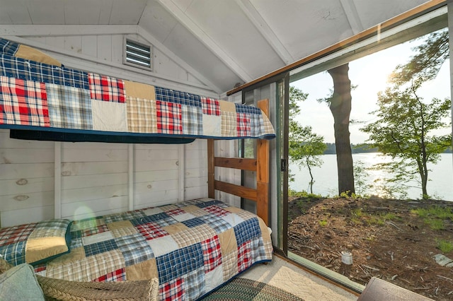 310 Bear Is, Meredith, NH 03253 - bedroom featuring a water view, lofted ceiling, and carpet floors